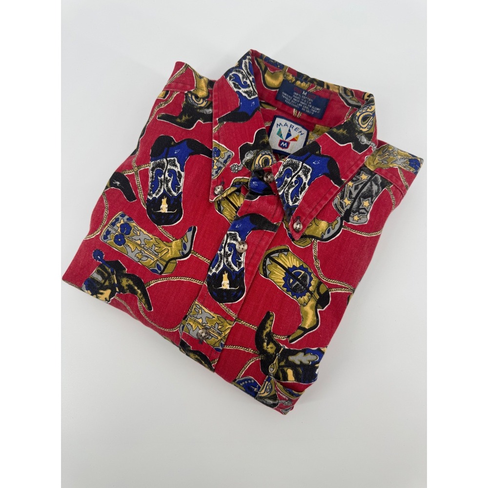 Maren Mens Red Western Cowboy Boot Print Long Sleeve Shirt Size M‎ US
